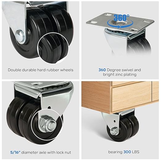 2" Double Hard Rubber Wheels Swivel Casters for Trailer Jack Wheels Furniture Workbench Cart with 300 Lbs Capacity Per Caster