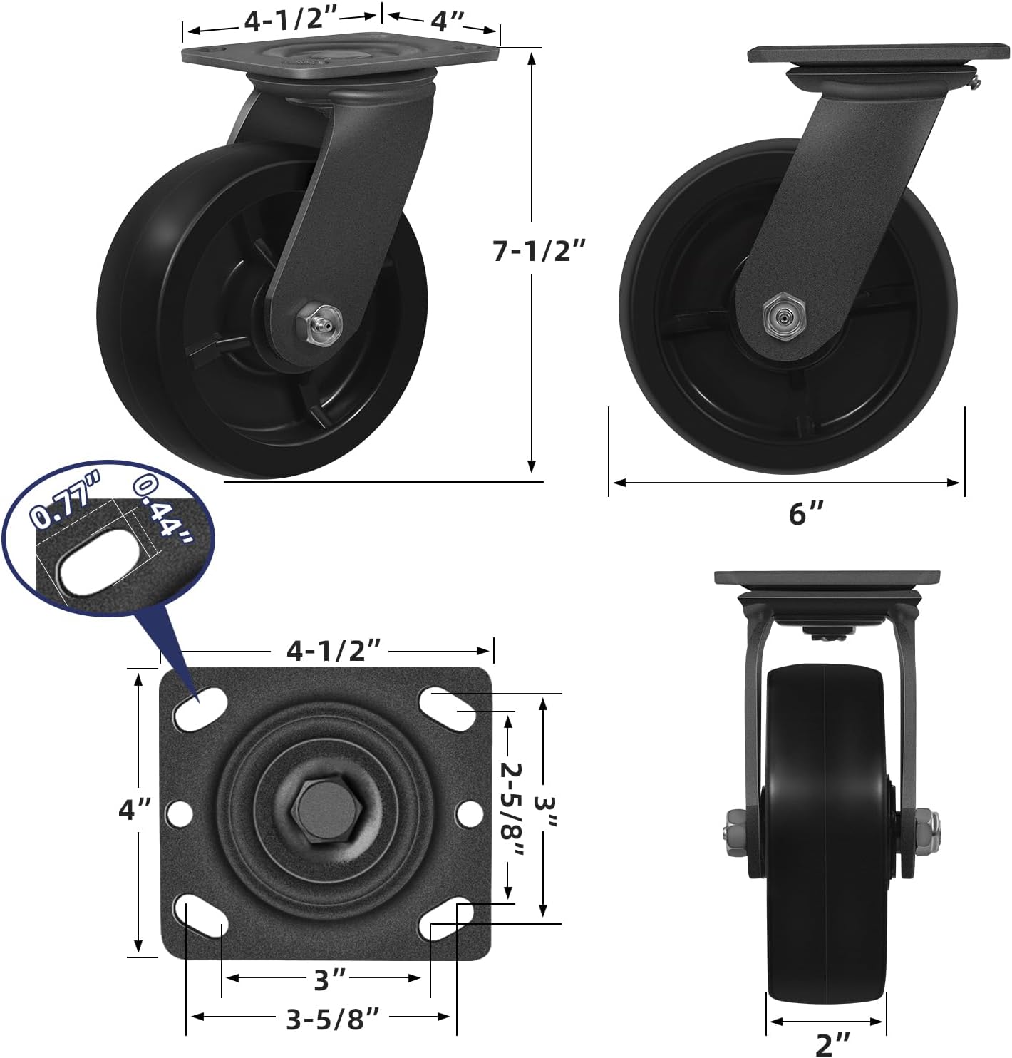 6 Inch Dumpster and Trash Bin Industrial Casters Heavy Duty Polyolefin Wheels
