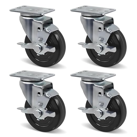 Swivel Industrial Casters Set of 4 with Brake, Hard Rubber Wheels for Cart Furniture Equipment