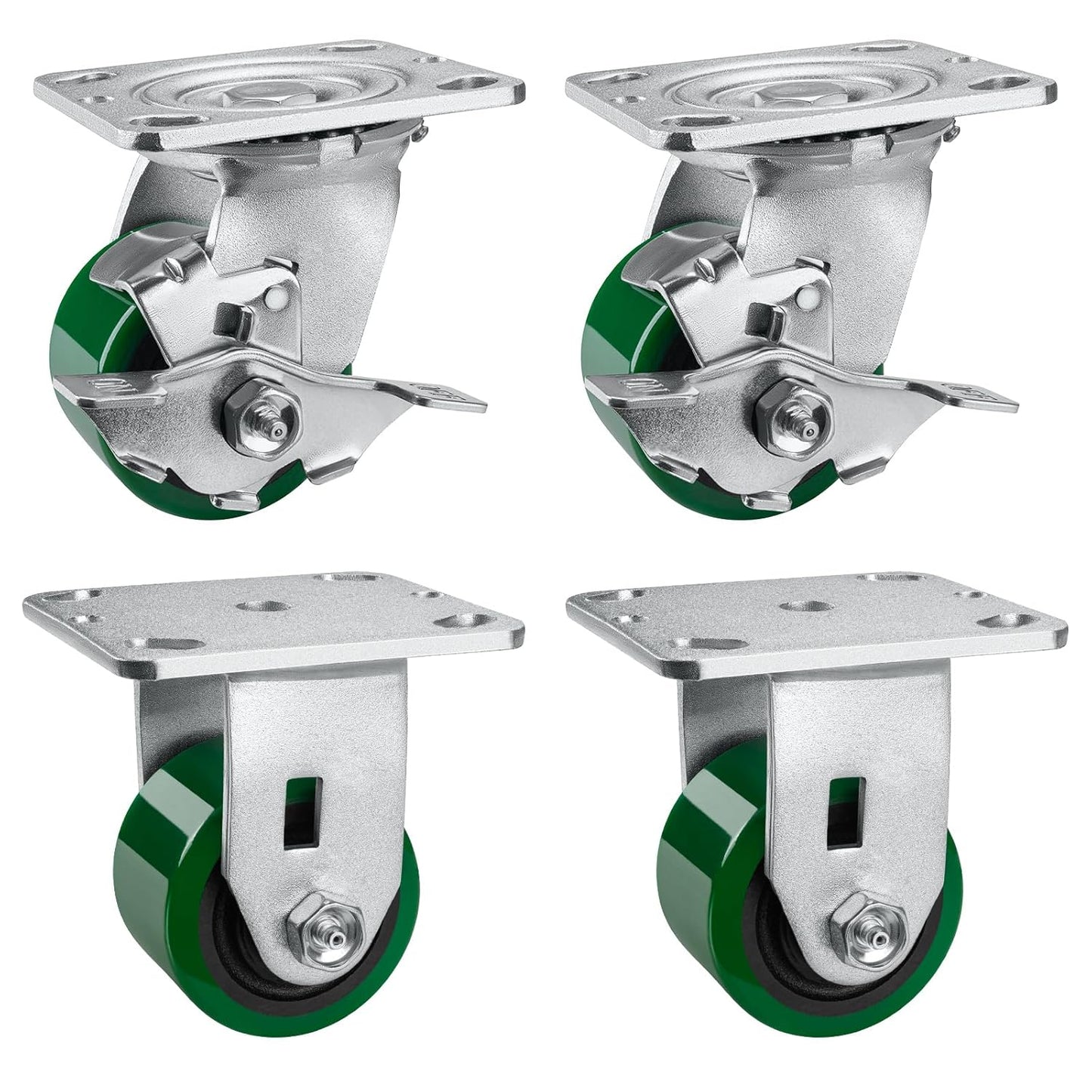 Polyurethane Wheel Swivel Casters,Rigid, Break, Industrial Load Capacity 4800lbs(Green)