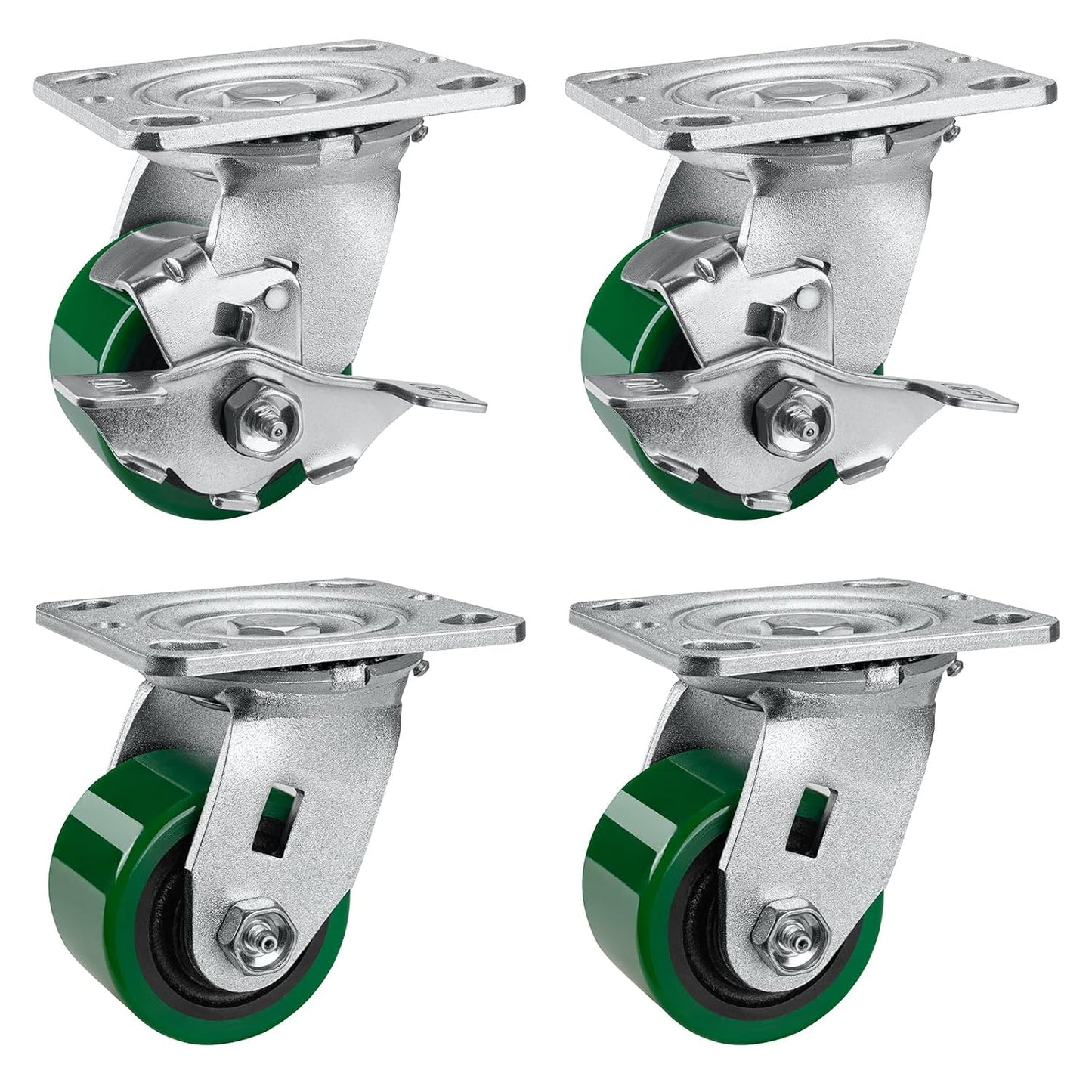 Polyurethane Wheel Swivel Casters,Rigid, Break, Industrial Load Capacity 4800lbs(Green)