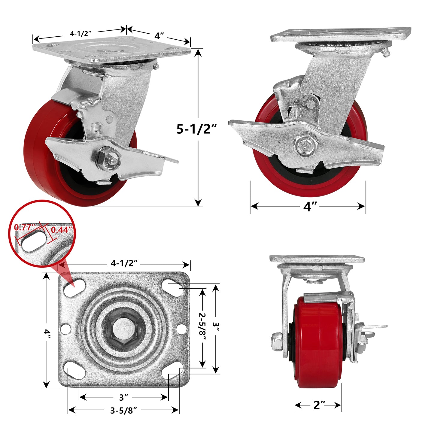 Polyurethane Tread on Polypropylene Core (RED) Heavy Duty Casters with 1200lbs Capacity, Widely Used in Platform Trucks, Furniture, Workbench, Tool Box   You