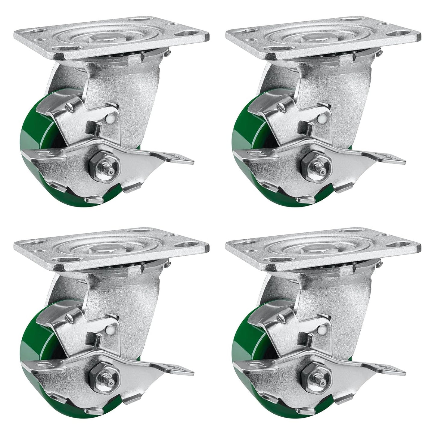 Polyurethane Wheel Swivel Casters,Rigid, Break, Industrial Load Capacity 4800lbs(Green)