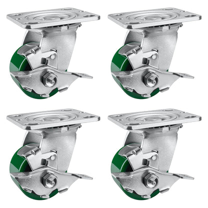 Polyurethane Wheel Swivel Casters,Rigid, Break, Industrial Load Capacity 4800lbs(Green)