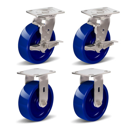 Industrial Stainless Steel Caster, Corrosion Resistant, Heavy-Duty Solid Polyurethane Wheels for Food Processing, Pharmaceutical Labs (Blue)