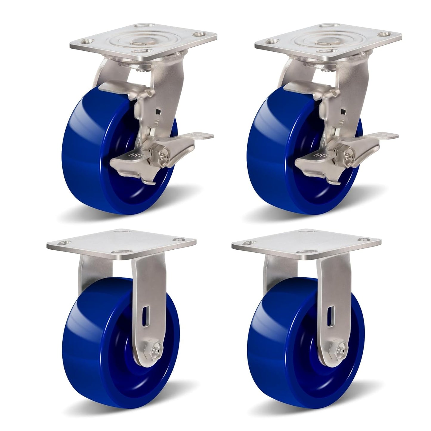 Industrial Stainless Steel Caster, Corrosion Resistant, Heavy-Duty Solid Polyurethane Wheels for Food Processing, Pharmaceutical Labs (Blue)