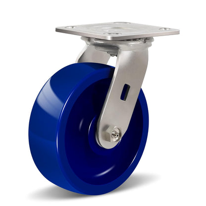 Industrial Stainless Steel Caster, Corrosion Resistant, Heavy-Duty Solid Polyurethane Wheels for Food Processing, Pharmaceutical Labs (Blue)