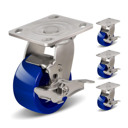 Industrial Stainless Steel Caster, Corrosion Resistant, Heavy-Duty Solid Polyurethane Wheels for Food Processing, Pharmaceutical Labs (Blue)