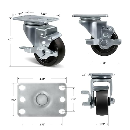 Polyolefin Heavy Duty Caster Wheels with Brake,Rigid,Swivel, Set of 4 Loading Capacity 1000LB Total for Cart Furniture