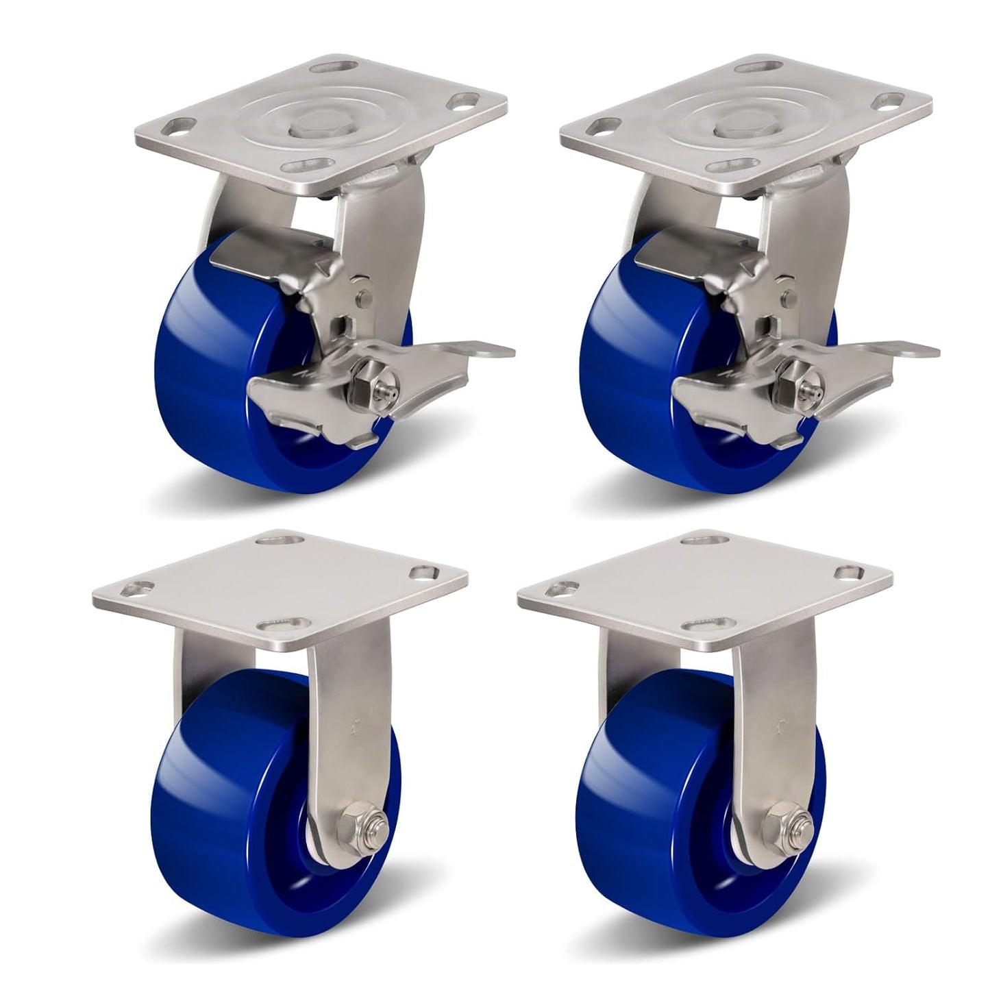 Industrial Stainless Steel Caster, Corrosion Resistant, Heavy-Duty Solid Polyurethane Wheels for Food Processing, Pharmaceutical Labs (Blue)