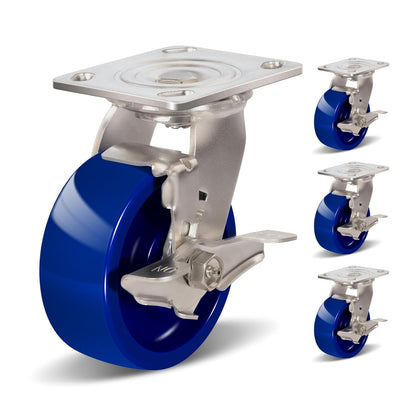 Industrial Stainless Steel Caster, Corrosion Resistant, Heavy-Duty Solid Polyurethane Wheels for Food Processing, Pharmaceutical Labs (Blue)