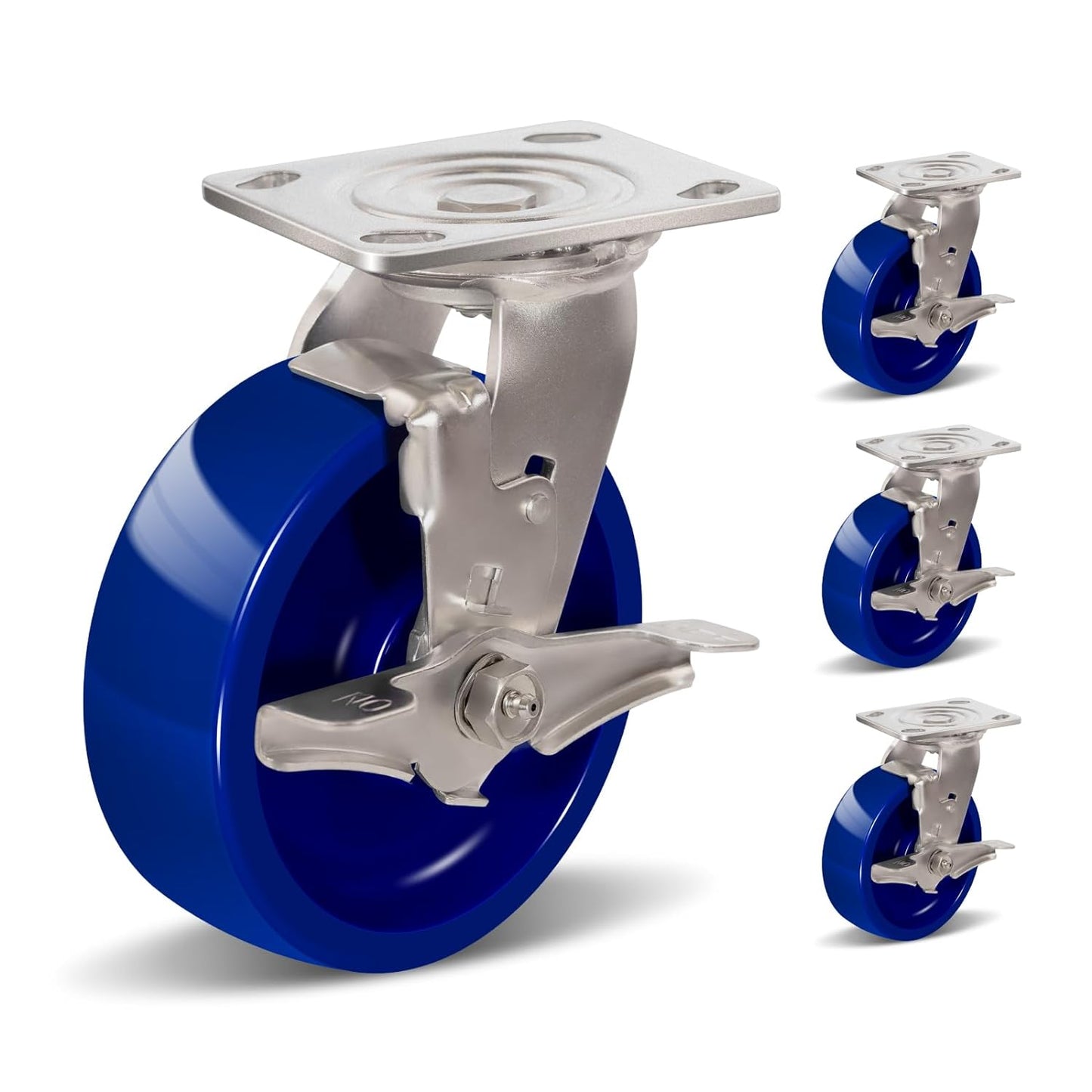 Industrial Stainless Steel Caster, Corrosion Resistant, Heavy-Duty Solid Polyurethane Wheels for Food Processing, Pharmaceutical Labs (Blue)