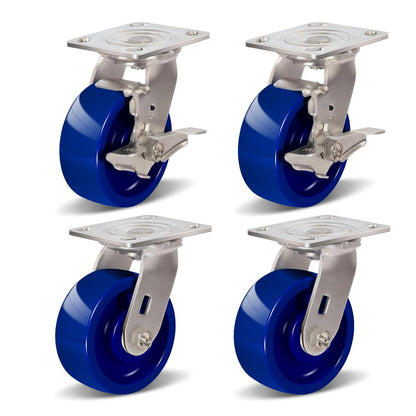 Industrial Stainless Steel Caster, Corrosion Resistant, Heavy-Duty Solid Polyurethane Wheels for Food Processing, Pharmaceutical Labs (Blue)