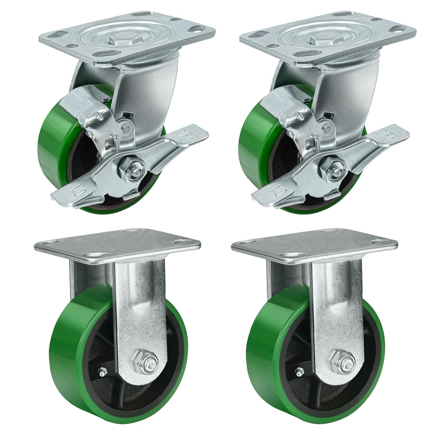 Polyurethane Wheel Swivel Casters,Rigid, Break, Industrial Load Capacity 4800lbs(Green)