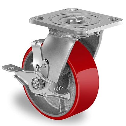 Polyurethane Wheel on Steel Hub, Industrial Brake Caster Heavy Duty with 800 LB Load Capacity, No Noise for Toolbox Workbench