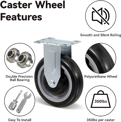 5"  Polyurethane Shopping Cart Replacement Caster Wheels, Heavy Duty Casters Set of 4 with Load 1400lbs Capacity (4 Pack )