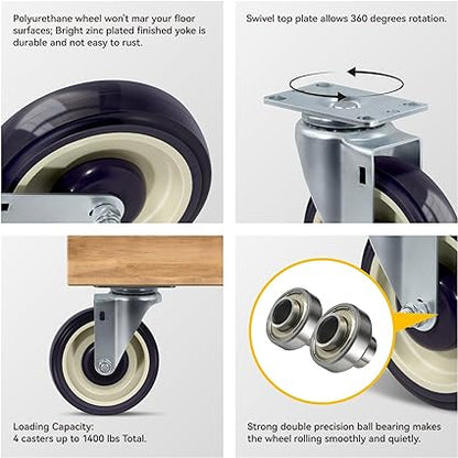 5"  Polyurethane Shopping Cart Replacement Caster Wheels, Heavy Duty Casters Set of 4 with Load 1400lbs Capacity (4 Pack )