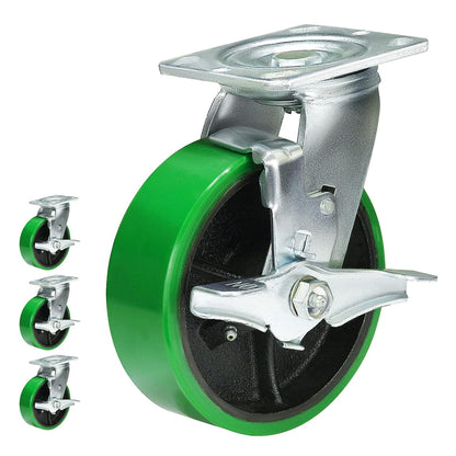 Polyurethane Wheel Swivel Casters,Rigid, Break, Industrial Load Capacity 4800lbs(Green)