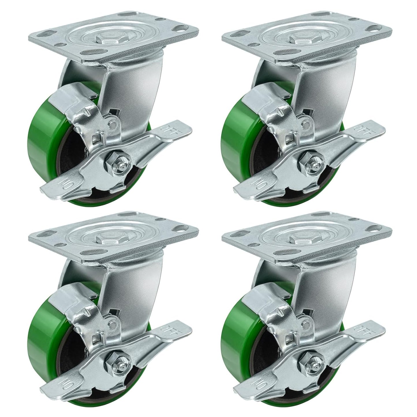 Polyurethane Wheel Swivel Casters,Rigid, Break, Industrial Load Capacity 4800lbs(Green)