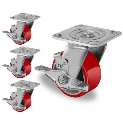 Polyurethane Wheel on Steel Hub, Industrial Brake Caster Heavy Duty with 800 LB Load Capacity, No Noise for Toolbox Workbench