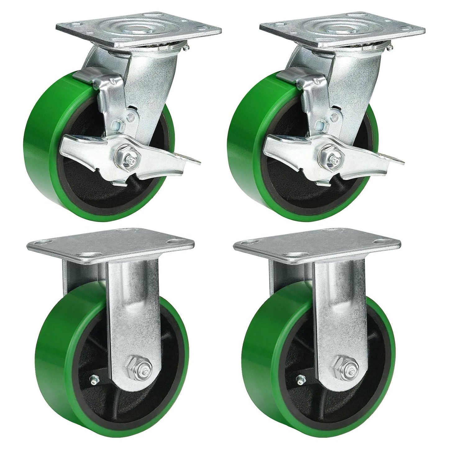 Polyurethane Wheel Swivel Casters,Rigid, Break, Industrial Load Capacity 4800lbs(Green)