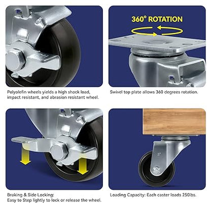Polyolefin Heavy Duty Caster Wheels with Brake,Rigid,Swivel, Set of 4 Loading Capacity 1000LB Total for Cart Furniture