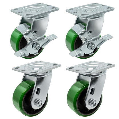 Polyurethane Wheel Swivel Casters,Rigid, Break, Industrial Load Capacity 4800lbs(Green)