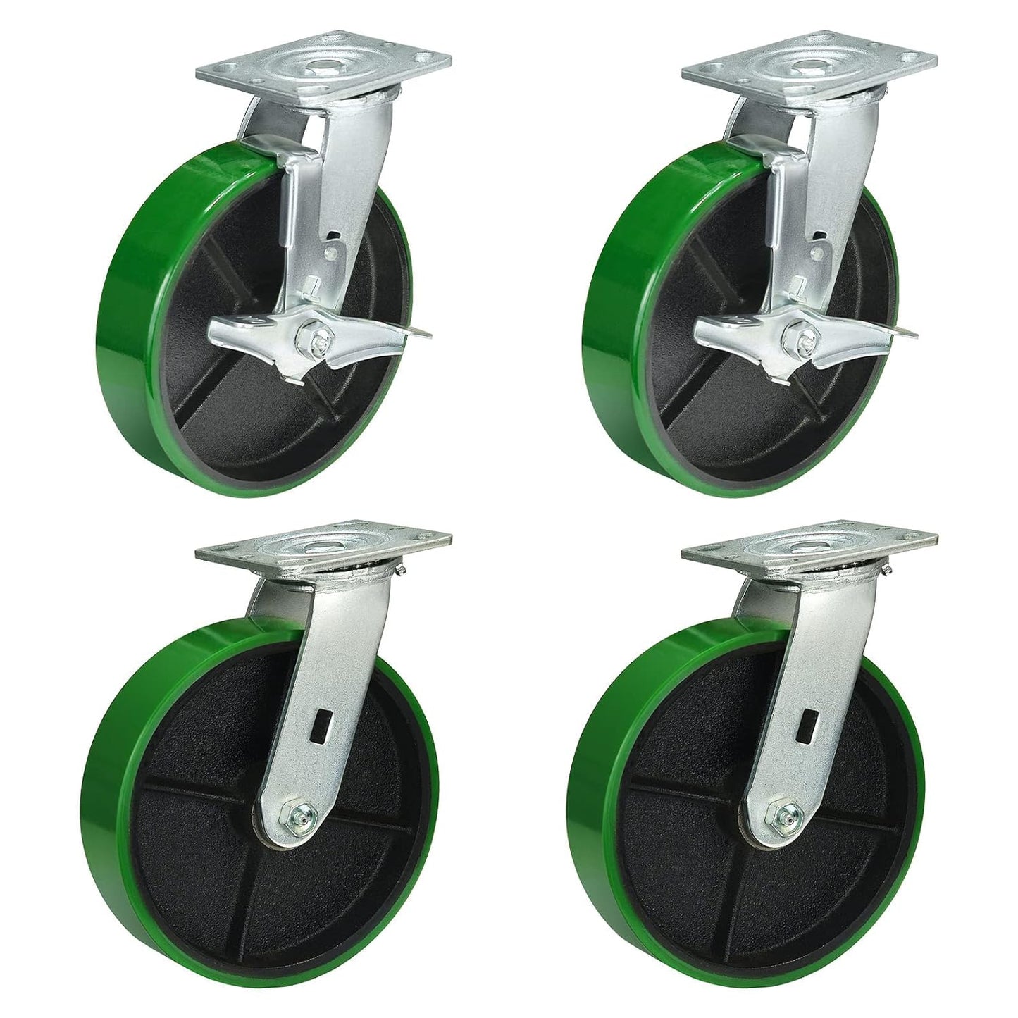 Polyurethane Wheel Swivel Casters,Rigid, Break, Industrial Load Capacity 4800lbs(Green)