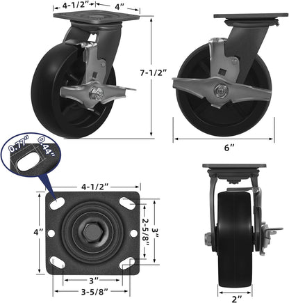 6 Inch Dumpster and Trash Bin Industrial Casters  Heavy Duty Polyolefin Wheels