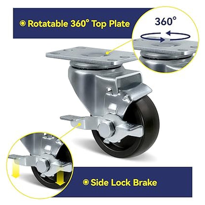 Polyolefin Heavy Duty Caster Wheels with Brake,Rigid,Swivel, Set of 4 Loading Capacity 1000LB Total for Cart Furniture