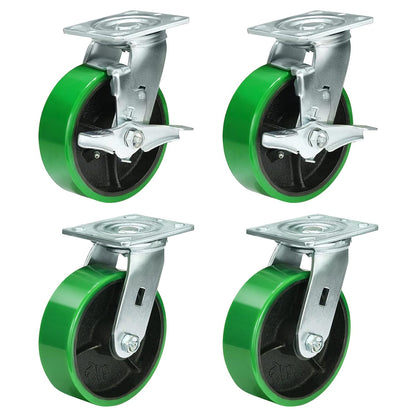 Polyurethane Wheel Swivel Casters,Rigid, Break, Industrial Load Capacity 4800lbs(Green)