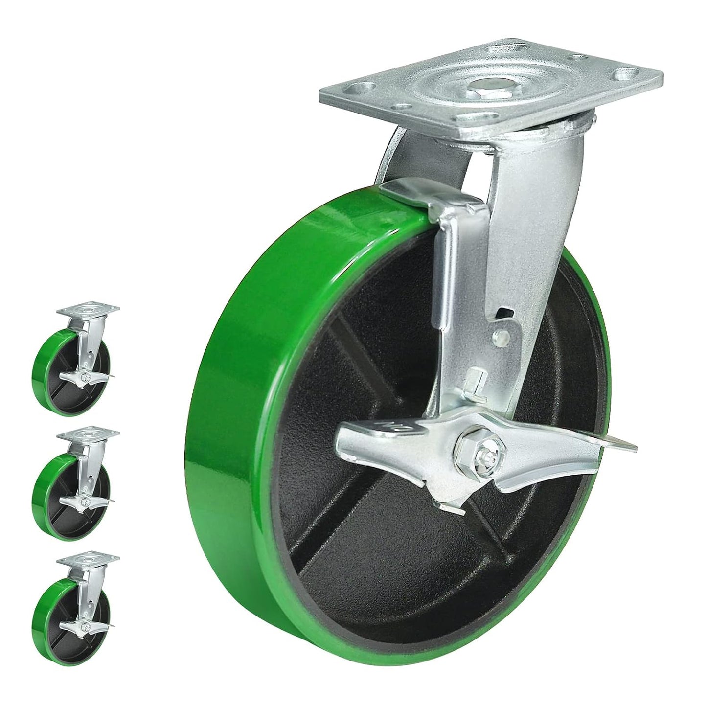 Polyurethane Wheel Swivel Casters,Rigid, Break, Industrial Load Capacity 4800lbs(Green)