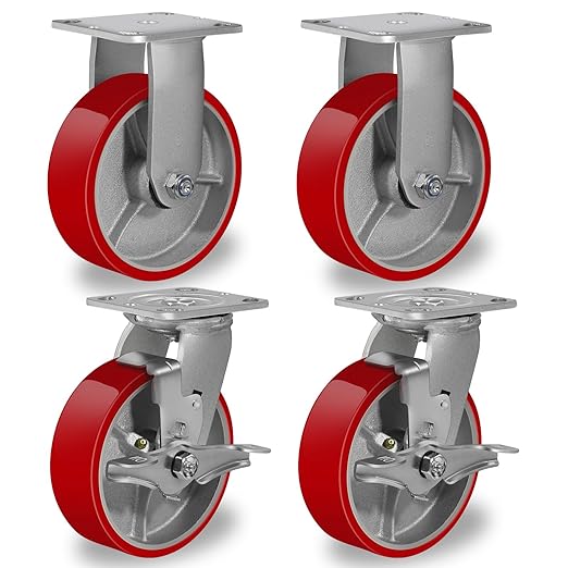 Polyurethane Wheel on Steel Hub, Industrial Brake Caster Heavy Duty with 800 LB Load Capacity, No Noise for Toolbox Workbench