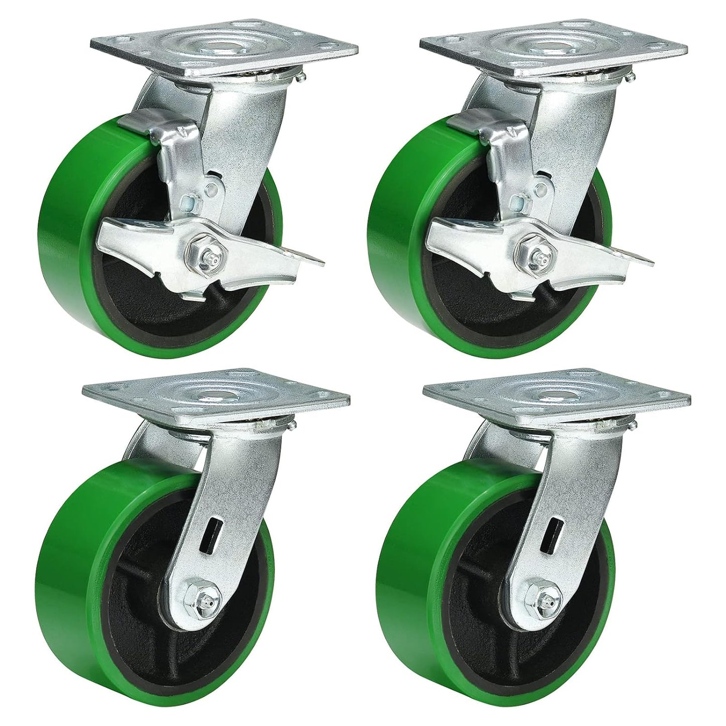 Polyurethane Wheel Swivel Casters,Rigid, Break, Industrial Load Capacity 4800lbs(Green)