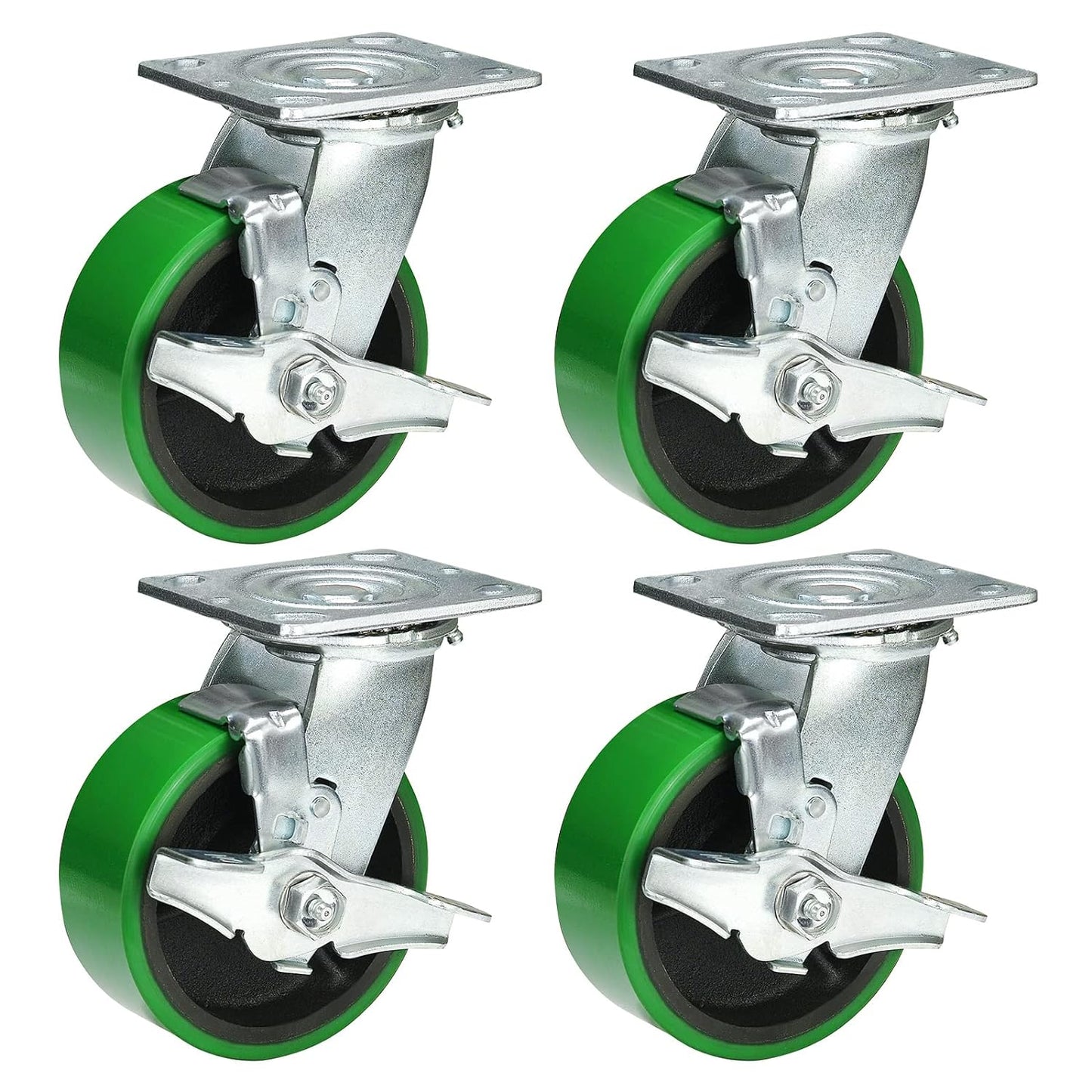 Polyurethane Wheel Swivel Casters,Rigid, Break, Industrial Load Capacity 4800lbs(Green)