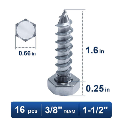 3/8"-1/2" Hex Lag Screw Kit for Caster Installation, 16 Lag Screws, Heavy Duty Zinc-Plated Wood Screws, Fits One Complete Set of 4 Plate Casters for Wood Workbenches, Carts & Furniture（4 Set）