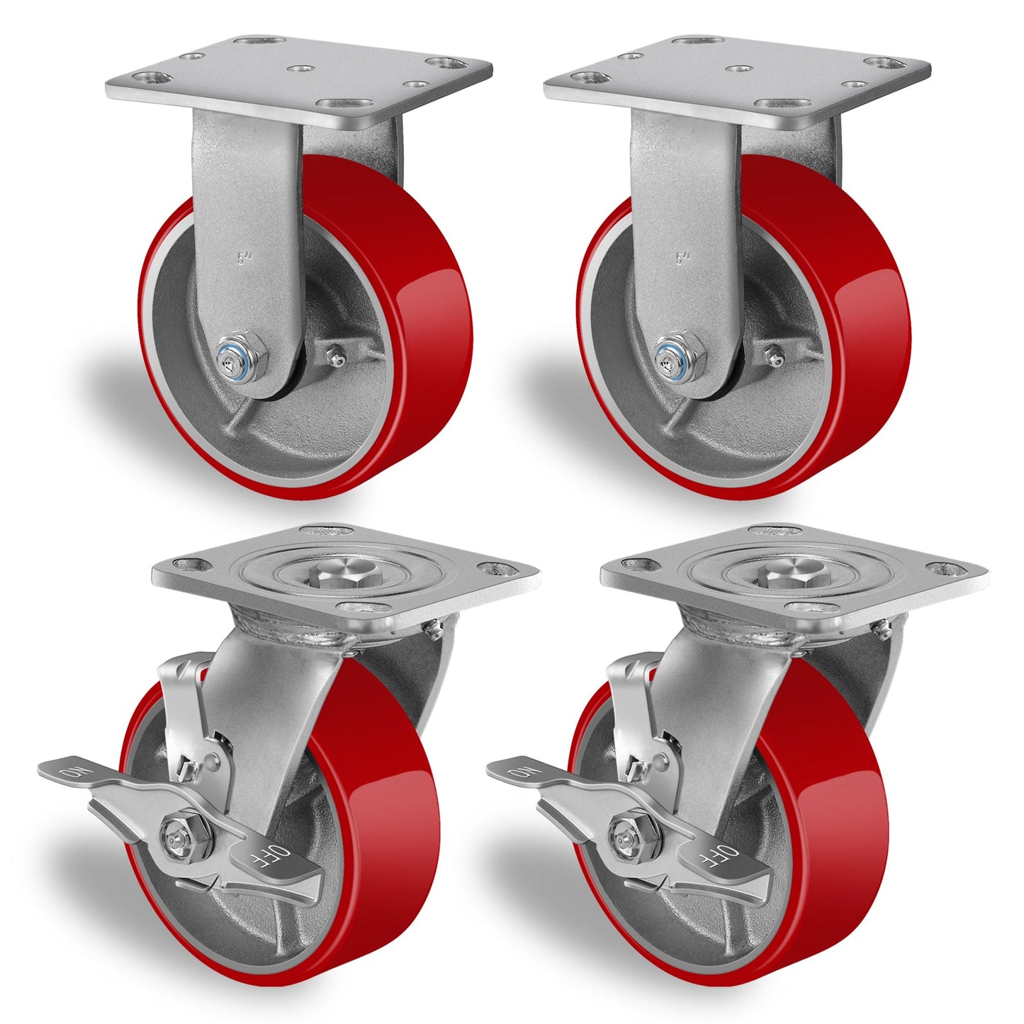 5"X 2"Heavy Duty Casters Wheels-Industrial Casters Polyurethane Caster with Strong Load-bearing Capacity 4000LB,heavy duty casters set of 4,Widely Used in Furniture,WorkBrench,Tool Box (2BRAKE,2RIGID)