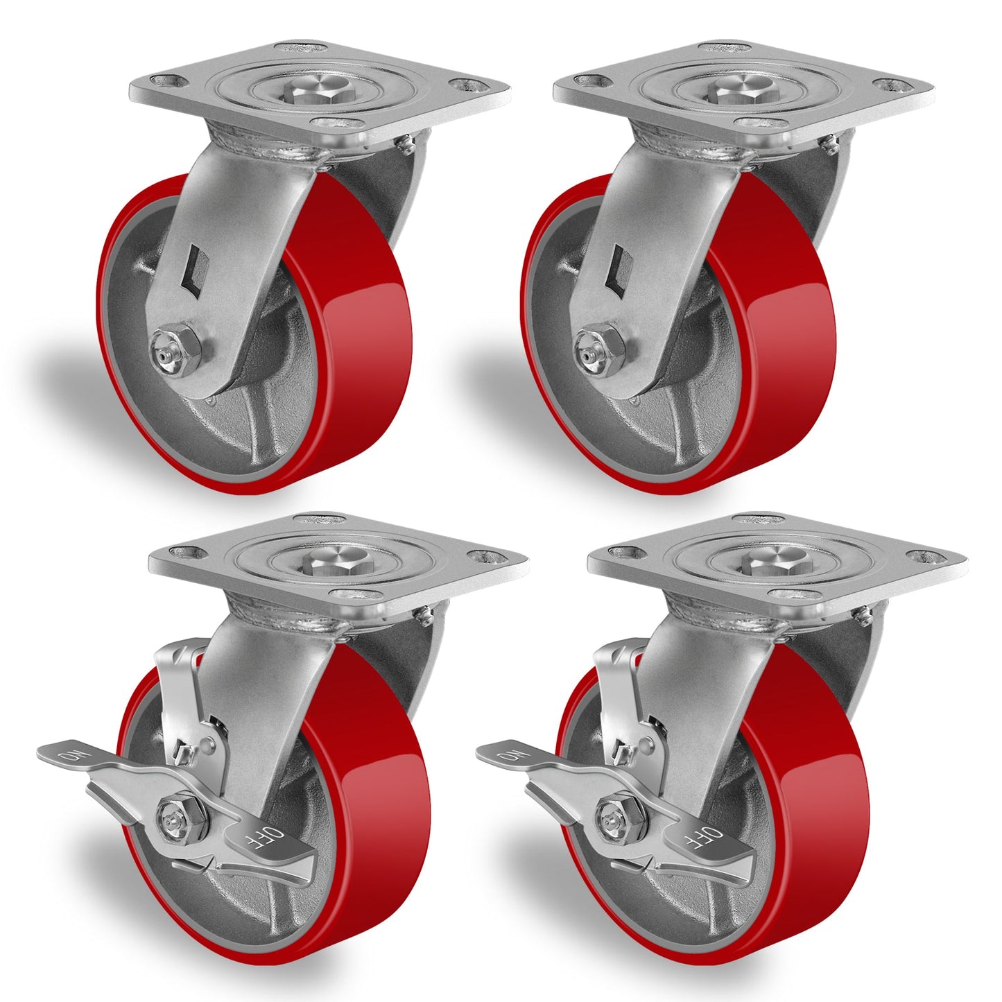 5"X 2"Heavy Duty Casters Wheels-Industrial Casters Polyurethane Caster with Strong Load-bearing Capacity 4000LB,heavy duty casters set of 4,Widely Used in Furniture,WorkBrench,Tool Box (2BRAKE,2RIGID)