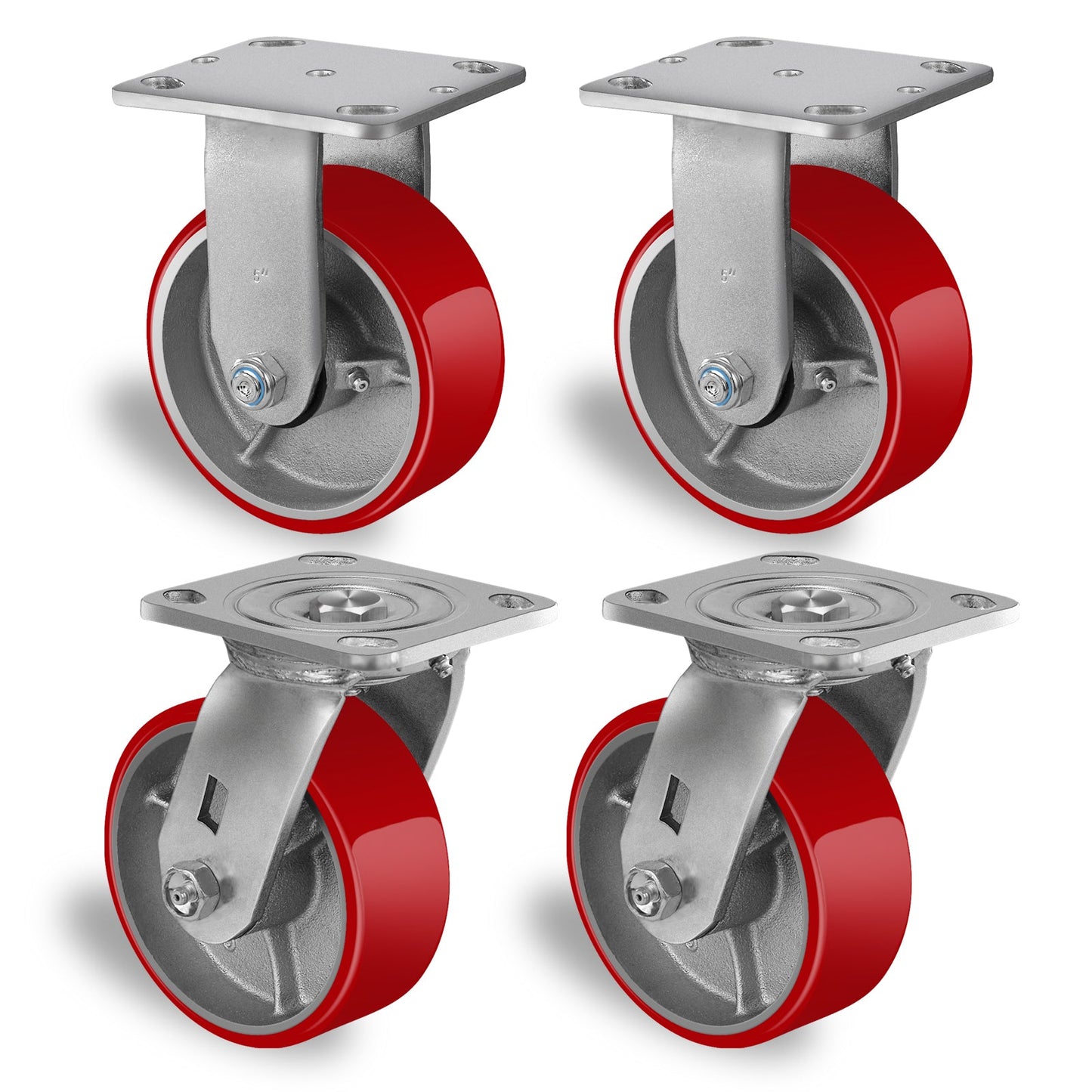 5"X 2"Heavy Duty Casters Wheels-Industrial Casters Polyurethane Caster with Strong Load-bearing Capacity 4000LB,heavy duty casters set of 4,Widely Used in Furniture,WorkBrench,Tool Box (2BRAKE,2RIGID)