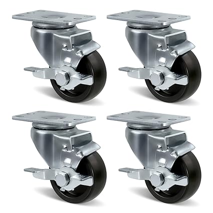 Polyolefin Heavy Duty Caster Wheels with Brake,Rigid,Swivel, Set of 4 Loading Capacity 1000LB Total for Cart Furniture