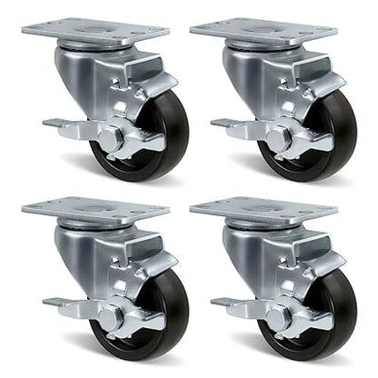 Polyolefin Heavy Duty Caster Wheels with Brake,Rigid,Swivel, Set of 4 Loading Capacity 1000LB Total for Cart Furniture