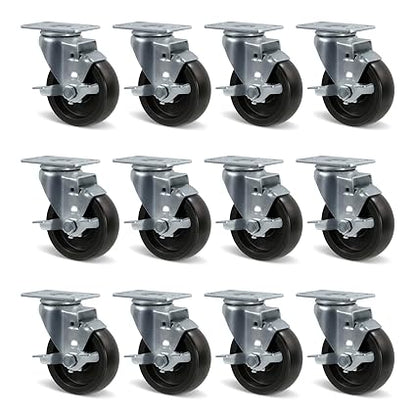 Polyolefin Heavy Duty Caster Wheels with Brake,Rigid,Swivel, Set of 4 Loading Capacity 1000LB Total for Cart Furniture