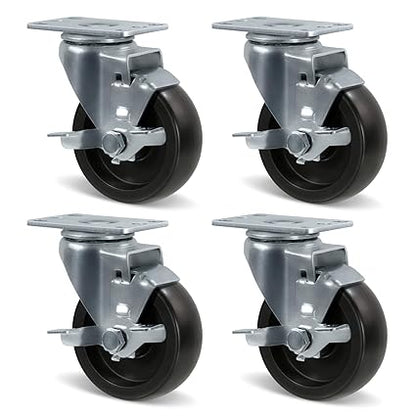 Polyolefin Heavy Duty Caster Wheels with Brake,Rigid,Swivel, Set of 4 Loading Capacity 1000LB Total for Cart Furniture