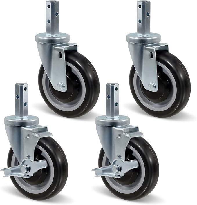 5" Caster Wheels Heavy Duty, Square Stem Swivel Casters Set of 4, 7/8'' x 2-1/2" (Screw Diameter 5/16", Stem Length 2-1/2") with 1/4'' Mounting Holes