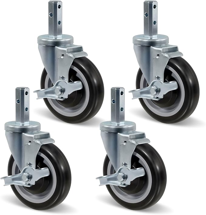 5" Caster Wheels Heavy Duty, Square Stem Swivel Casters Set of 4, 7/8'' x 2-1/2" (Screw Diameter 5/16", Stem Length 2-1/2") with 1/4'' Mounting Holes