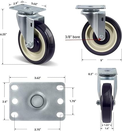 5"  Polyurethane Shopping Cart Replacement Caster Wheels, Heavy Duty Casters Set of 4 with Load 1400lbs Capacity (4 Pack )