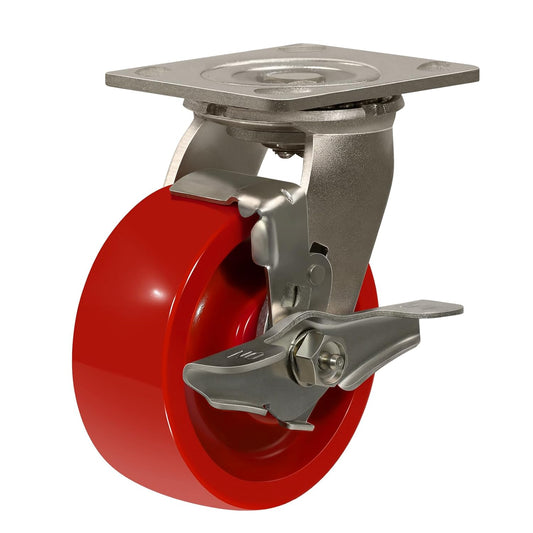 Industrial Stainless Steel Caster, Corrosion Resistant, Heavy-Duty Solid Polyurethane Wheels for Food Processing, Pharmaceutical Labs (Red)